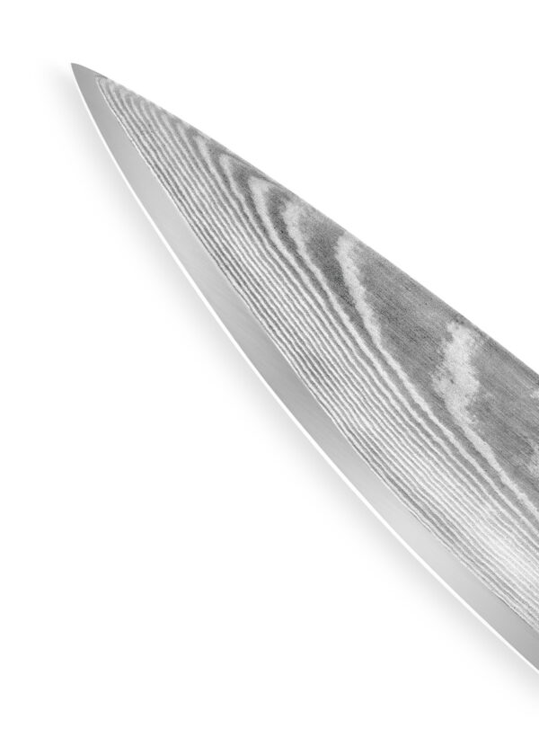 Samura Damascus Kochmesser Griff schwarz - Ansicht Nahaufnahme Klinge, auf einem weißen Hintergrund