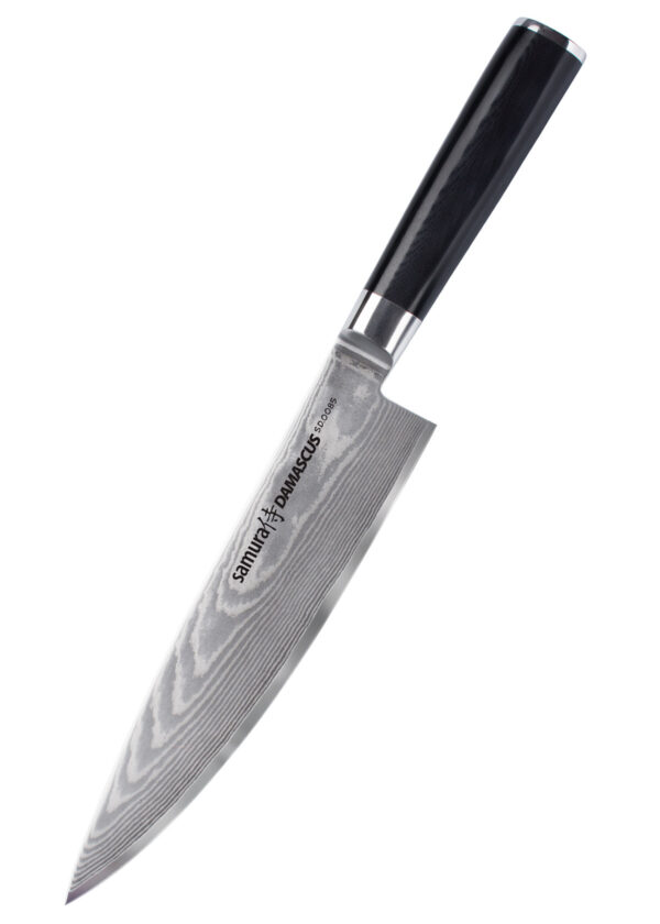 Samura Damascus Kochmesser Set 3-teilig Griff schwarz - großes Messer SD.0085 Klinge nach unten links gerichtet auf einem weißen Hintergrund