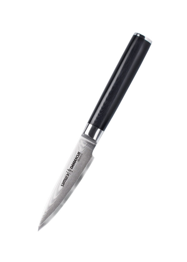 Samura Damascus Kochmesser Set 3-teilig Griff schwarz - kleinstes Messer SD.0010 Klinge nach unten links gerichtet auf einem weißen Hintergrund