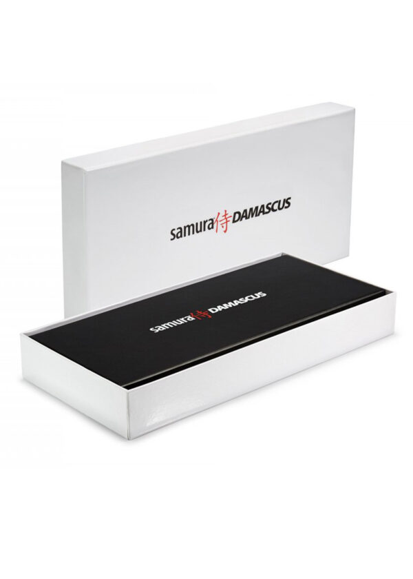 Samura Damascus Kochmesser Set 3-teilig Griff schwarz - Produktverpackung in weiß, schwarz mit Schriftzug Samura Damascus auf einem weißen Hintergrund
