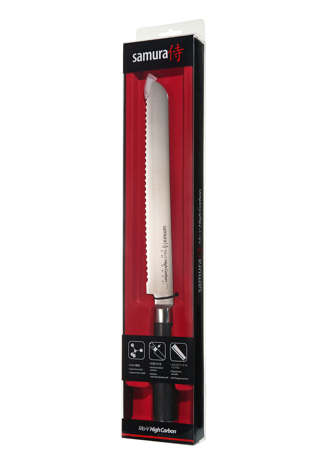 Samura MO-V Brotmesser 7,4 Zoll, 185 mm Griff schwarz - Messer in transparenter Produktverpackung mit rotem Samt