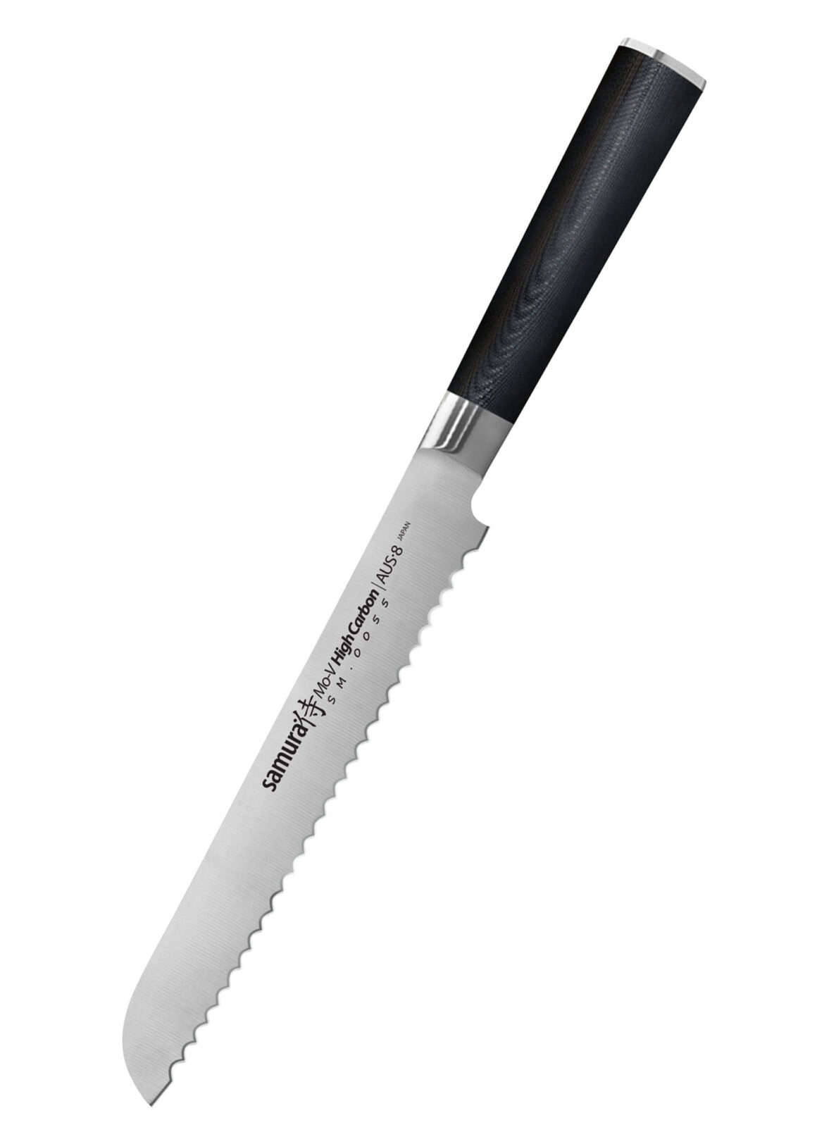 Samura MO-V Brotmesser 7,4 Zoll, 185 mm Griff schwarz - Klinge zeigt nach unten links, auf einem weißen Hintergrund
