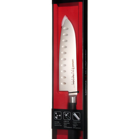 Samura MO-V Santoku Messer mit Kullenschliff 7.0 Zoll, 180 mm schwarzer Griff - Messer in transparenter Produktverpackung mit rotem Samt