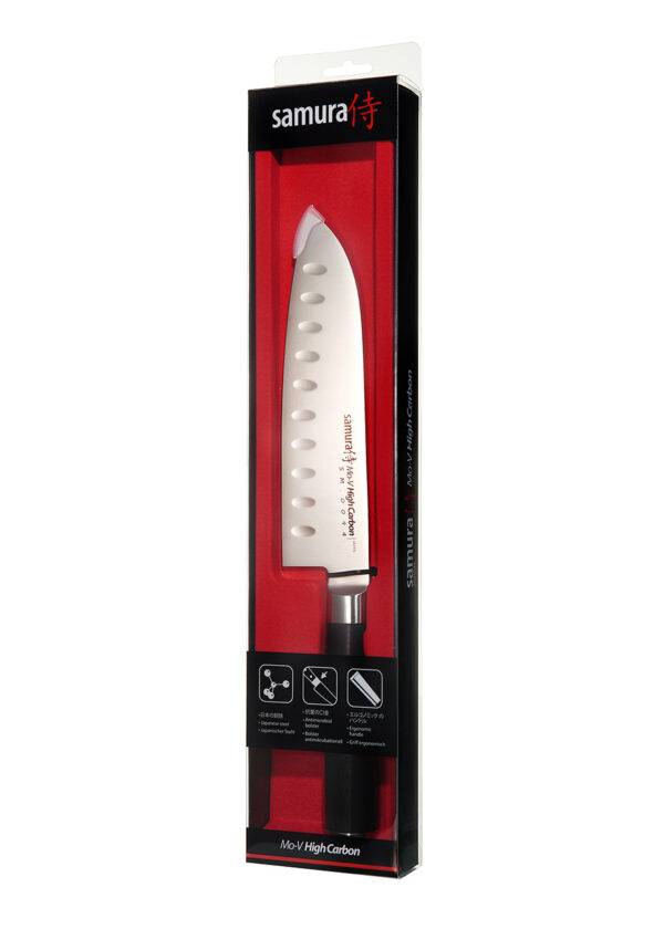 Samura MO-V Santoku Messer mit Kullenschliff 7.0 Zoll, 180 mm schwarzer Griff - Messer in transparenter Produktverpackung mit rotem Samt