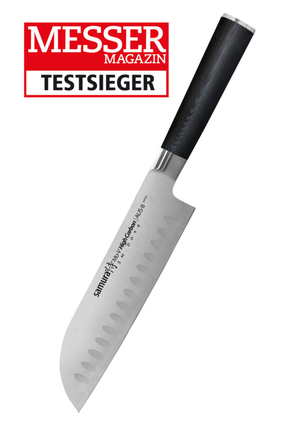 Samura MO-V Santoku Messer mit Kullenschliff 7.0 Zoll, 180 mm schwarzer Griff - klinge zeigt nach unten links