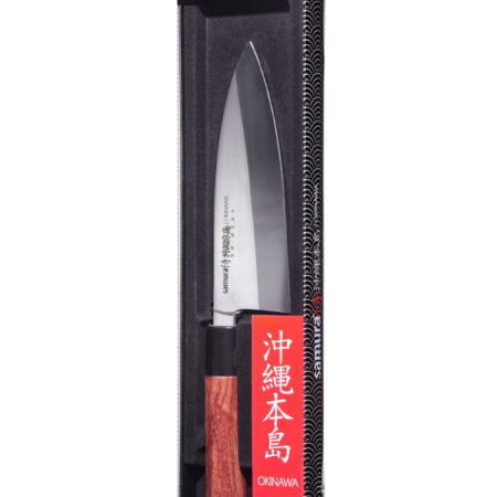 Samura Okinawa Deba Küchenmesser 170 mm braun schwarzer Griff - Messer in halbtransparenter Produktverpackung, auf einem weißen Hintergrund