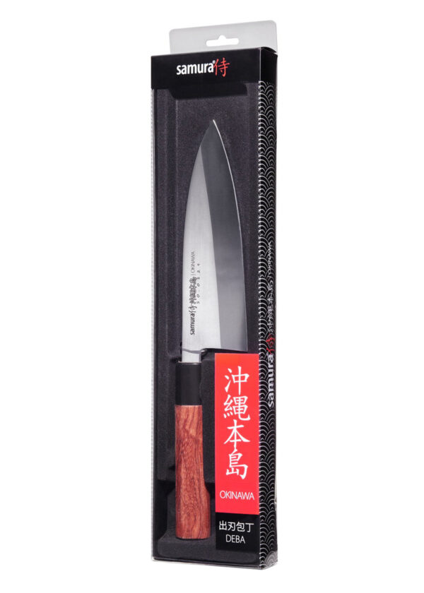 Samura Okinawa Deba Küchenmesser 170 mm braun schwarzer Griff - Messer in halbtransparenter Produktverpackung, auf einem weißen Hintergrund