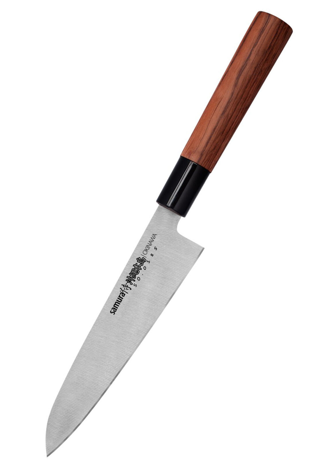 Samura Okinawa Gyuto Küchenmesser 170 mm braun-schwarzer Griff - Klinge zeigt nach unten links, auf einem weißen Hintergrund