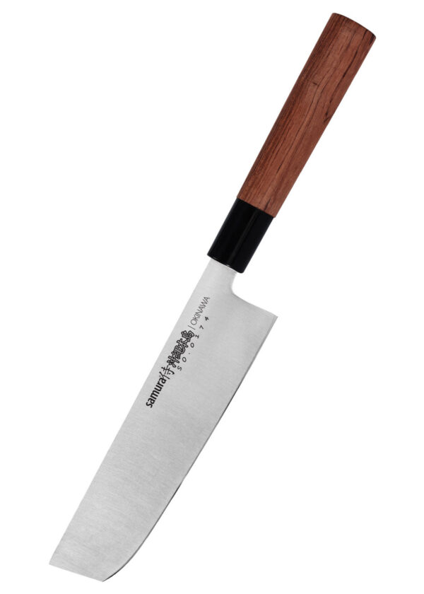 Samura Okinawa Nakiri Küchenmesser 172 mm braun schwarzer Griff - Klinge zeigt nach unten links, auf einem weißen Hintergrund