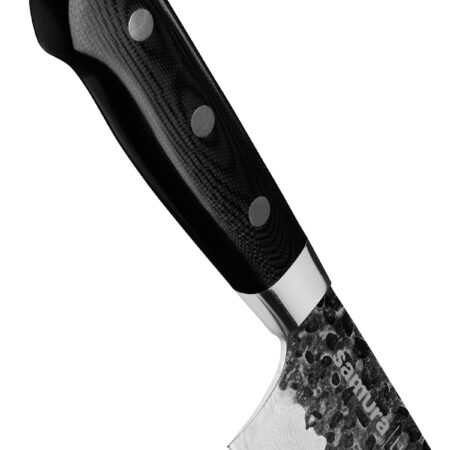 Samura PRO-S LUNAR Küchenmesser Chefs 210 mm - Nahaufnahme Griff schwarz-silber und ein Teil der Klinge