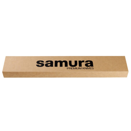 Samura PRO-S LUNAR Küchenmesser Chefs 210 mm - hellbraune längliche Produktverpackung mit dem Schriftzug Samura Premium Knives.