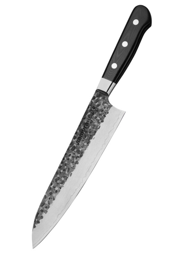Samura Pro-S Lunar Küchenmesser Chefs 210 mm schwarzer Griff - Klinge nach unten links gerichtet, auf einem weißen Hintergrund