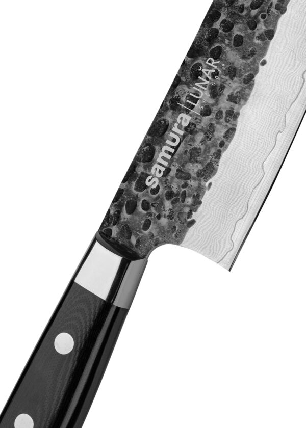 Samura Pro-S Lunar Küchenmesser Nakiri 167 mm Griff schwarz - Nahaufnahme Klinge und Griff, auf einem weißen Hintergrund