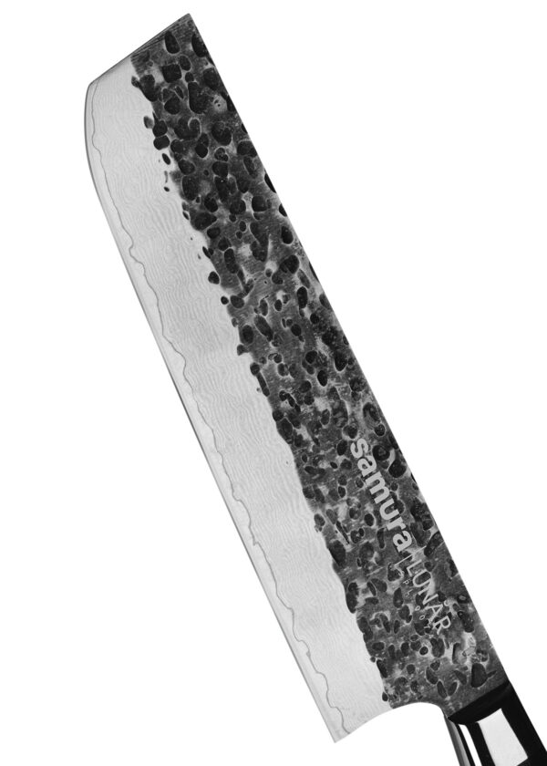 Samura Pro-S Lunar Küchenmesser Nakiri 167 mm Griff schwarz - Nahaufnahme Klinge, auf einem weißen Hintergrund