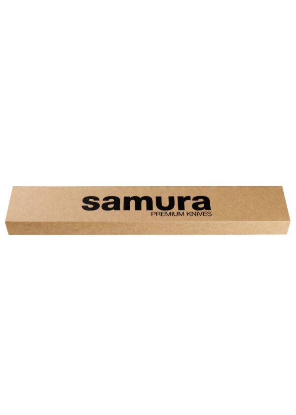 Samura Pro-S Lunar Küchenmesser Santoku 180 mm schwarzer Griff - Hellbraune Produktverpackung mit Schriftzug Samura Premium Knives, auf einem weißen Hintergrund