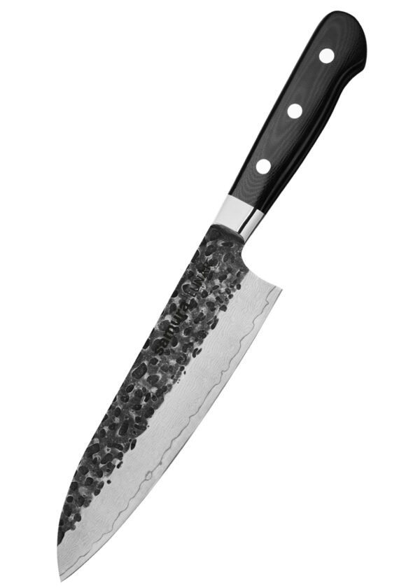 Samura Pro-S Lunar Küchenmesser Santoku 180 mm schwarzer Griff - Klinge zeigt nach unten links, auf einem weißen Hintergrund