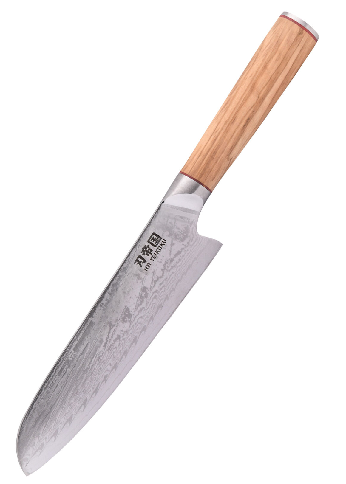Ha Teikoku Santoku Damaststahl Olivenholz Griff - Klinge zeigt nach unten links, auf einem weißen Hintergrund