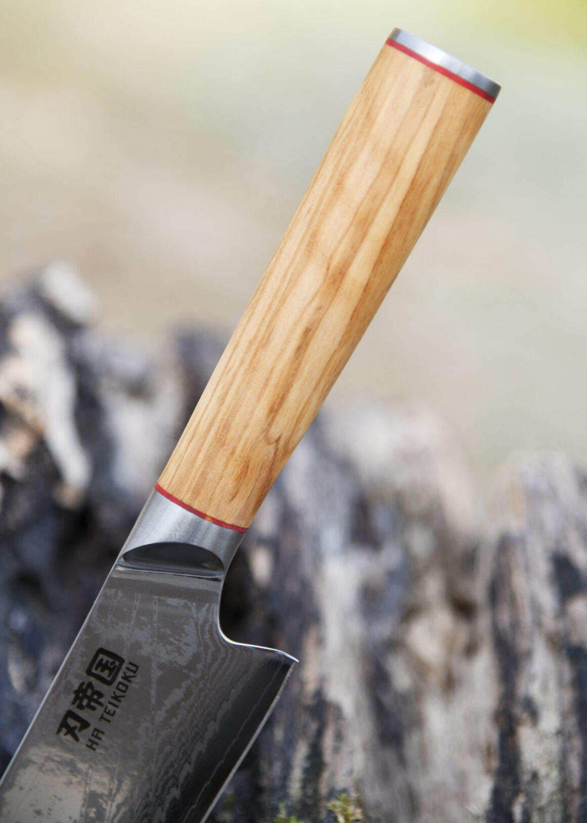 Ha Teikoku Santoku Damaststahl Olivenholz Griff - Nahaufnahme Griff und teil der Klinge, lehnt an ein graues altes Holzstück