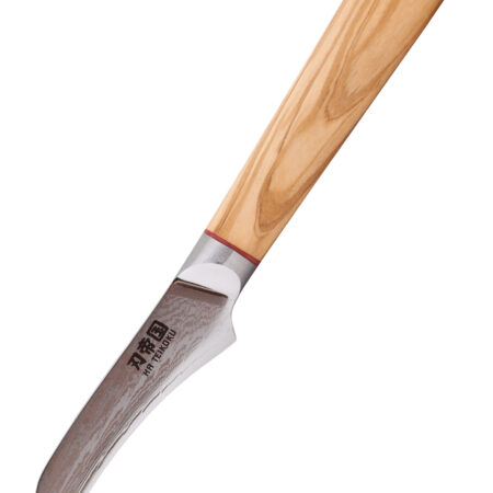 Ha Teikoku Schälmesser Damaststahl - Messer mit der Klinge nach unten links vor einem weißen Hintergrund