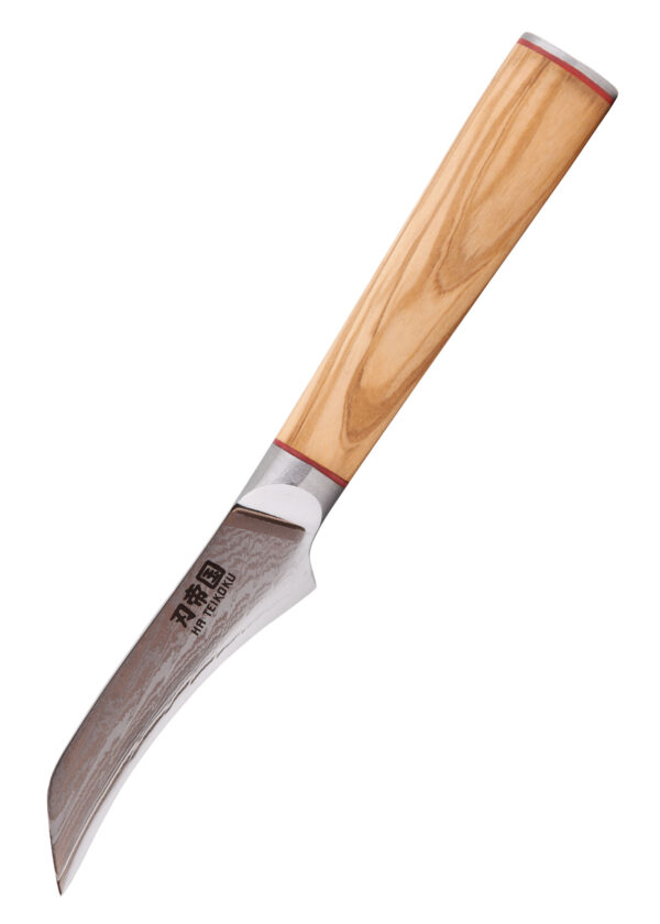 Ha Teikoku Schälmesser Damaststahl - Messer mit der Klinge nach unten links vor einem weißen Hintergrund
