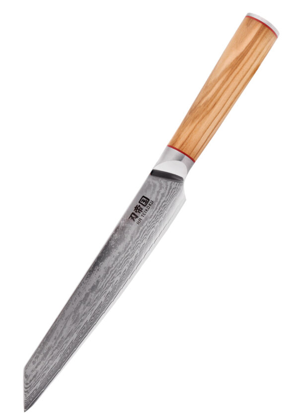 Damast-Schinkenmesser mit Holzgriff, Klinge mit Prägung, vor weißem Hintergrund