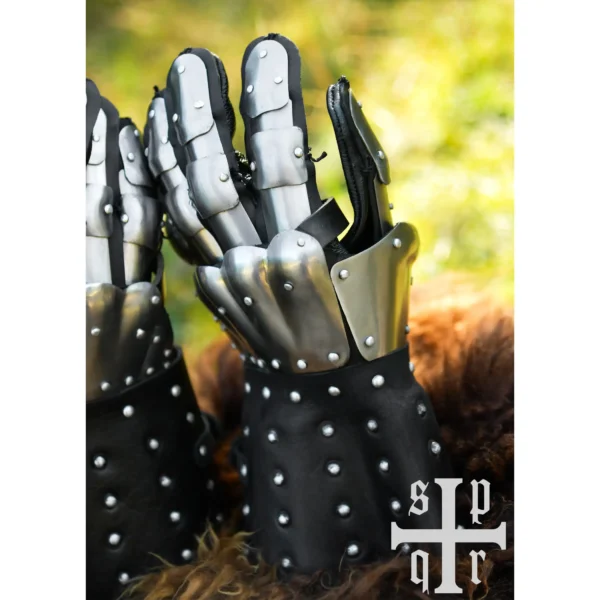 Battle Merchant mittelalterliche Panzerhandschuhe Visby 14. Jh. schwarz - Beide Handschuhe stehend auf dem Fell, Wiese im Hintergrund
