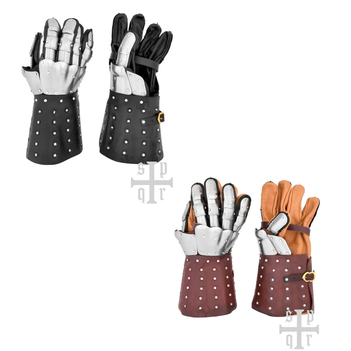 Battle Merchant mittelalterliche Panzerhandschuhe Visby 14. Jh. schwarz und braun - Unter- und Oberansicht stehend